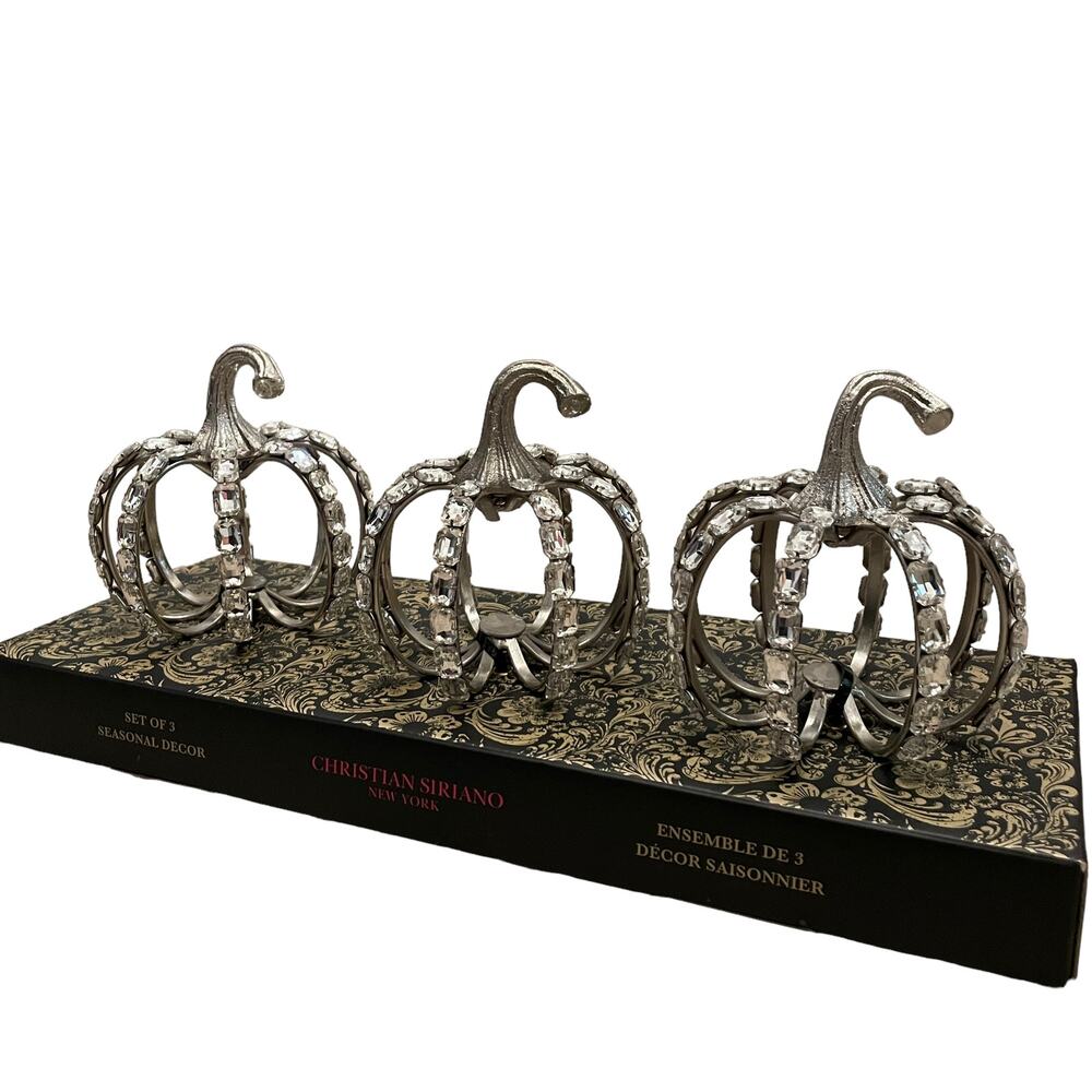 Christian Siriano Crystal Jeweled Metal Pumpkins Set of 3 Silver Halloween GLAM - Picture 10 of 13